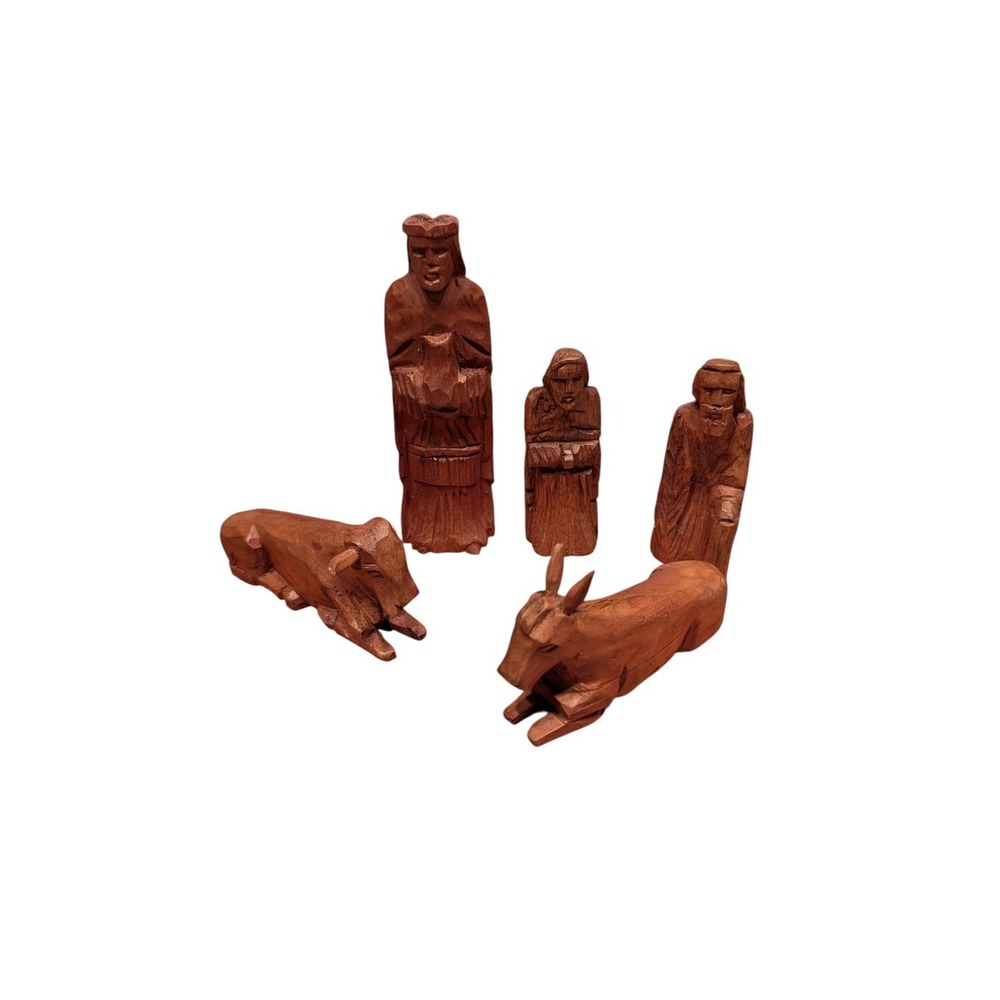 Vintage Hand Carved Nativity Pieces Wood Lot Of 5